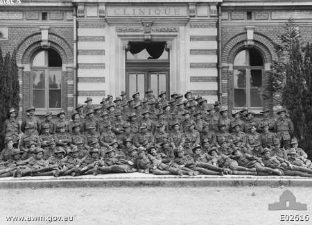 26 June 1918, Rivery, near Amiens, France. 26 June 1918. Group portrait of Headquarters Details of the 5th Australian Infantry Brigade, with the Signals Section attached.